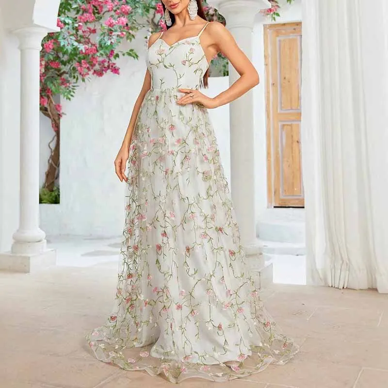 White Floral Bridesmaid Dress Spaghetti Strap Wedding Gown Homecoming Dress
