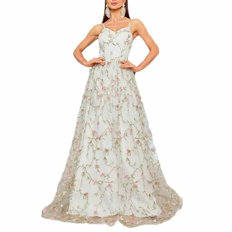 White Floral Bridesmaid Dress Spaghetti Strap Wedding Gown Homecoming Dress