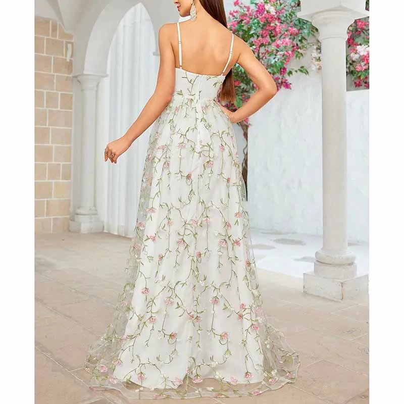 White Floral Bridesmaid Dress Spaghetti Strap Wedding Gown Homecoming Dress