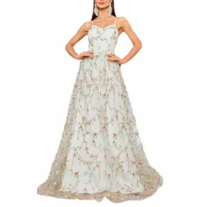 White Floral Bridesmaid Dress Spaghetti Strap Wedding Gown Homecoming Dress