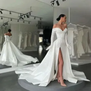 White Ivory Satin Long Wedding Dresses With Detachable Train Off Shoulder High Slit Buttons Gloves Evening Gowns