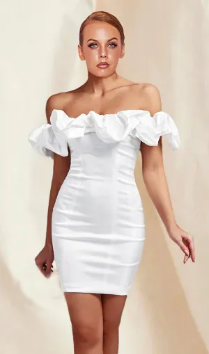 WHITE OFF SHOULDER FRILL MINI BODYCON DRESS