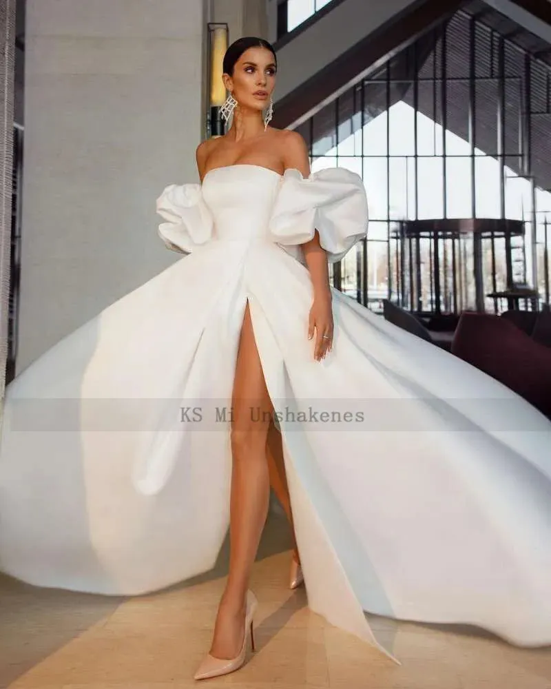 White Satin Sexy Wedding Dresses 2021 Puff Sleeve Split Side Bride Dress Strapless A Line Wedding Gowns Women Couture Mariage