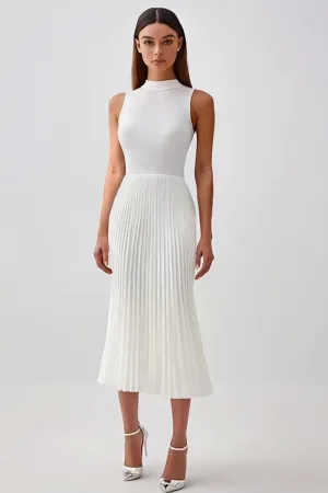 White Sheath High Neck Pleated Chiffon Maxi Rehearsal Dinner Dress