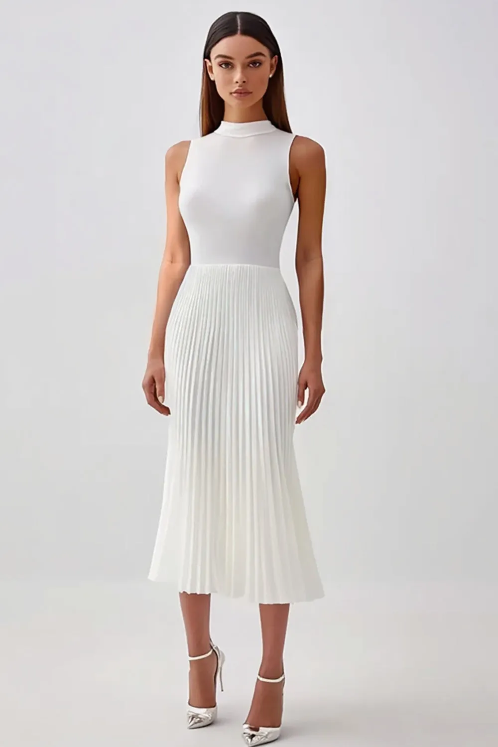 White Sheath High Neck Pleated Chiffon Maxi Rehearsal Dinner Dress