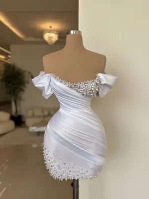 White Short Prom Dress Sheath Off the Shoulder Pearls Mini Cocktail Club Gowns Satin Pleated Party Dresses       fg6269
