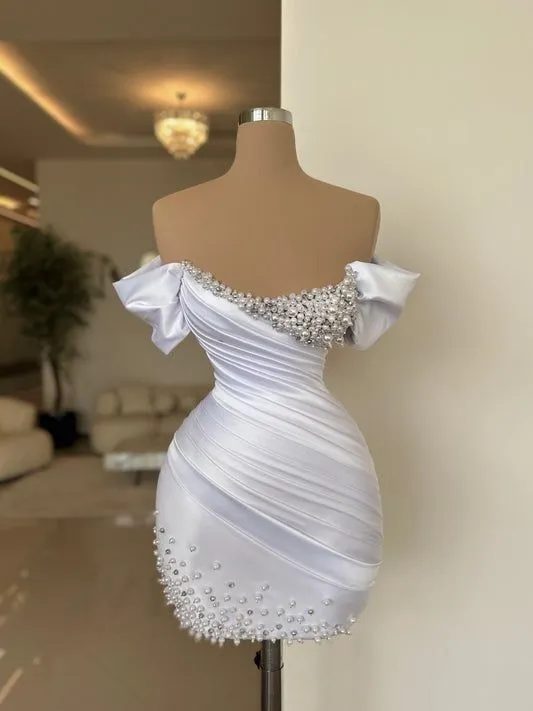 White Short Prom Dress Sheath Off the Shoulder Pearls Mini Cocktail Club Gowns Satin Pleated Party Dresses       fg6269