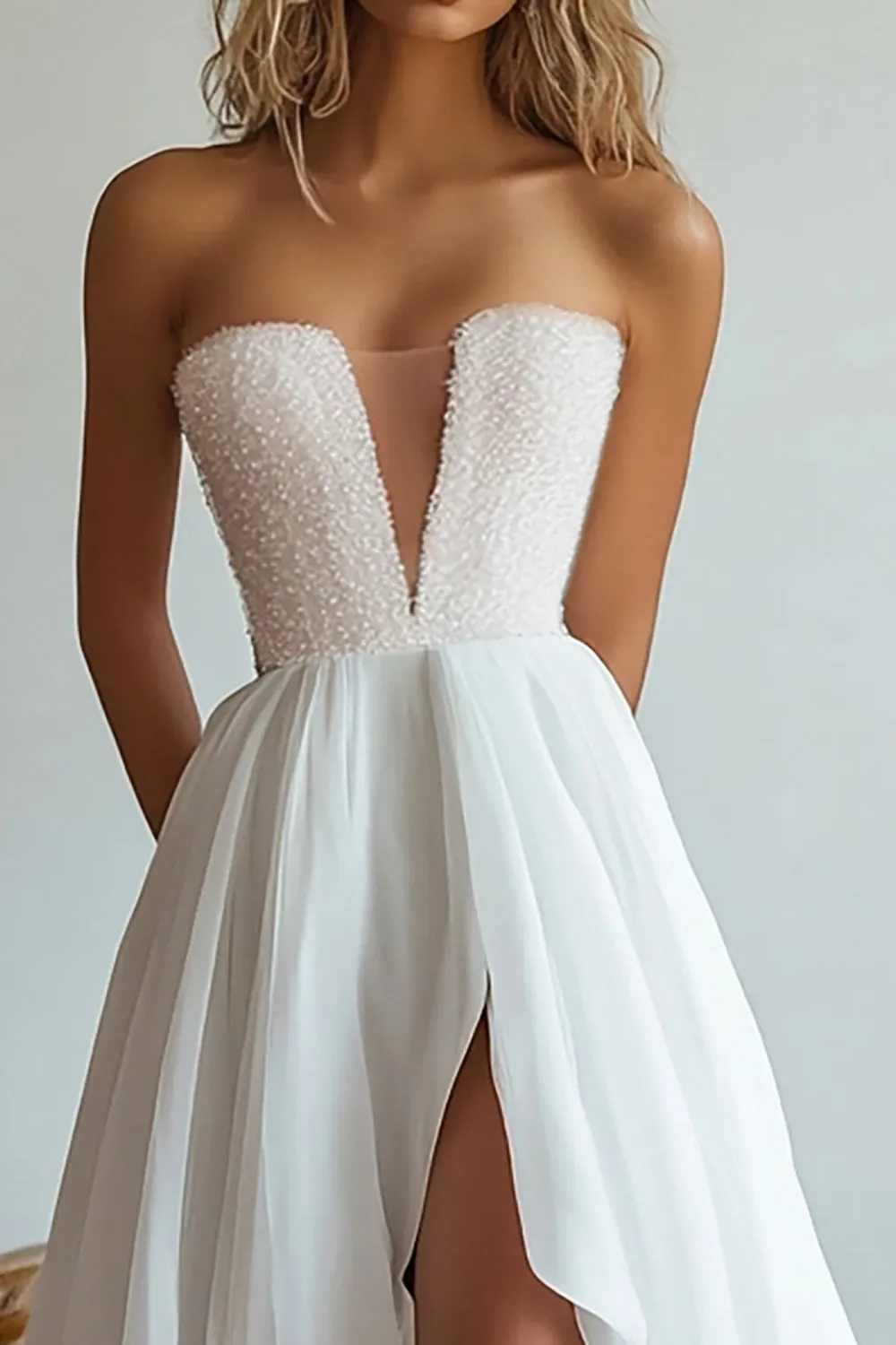 White V Neck High-Low A Line Engagement Dress with Beading
