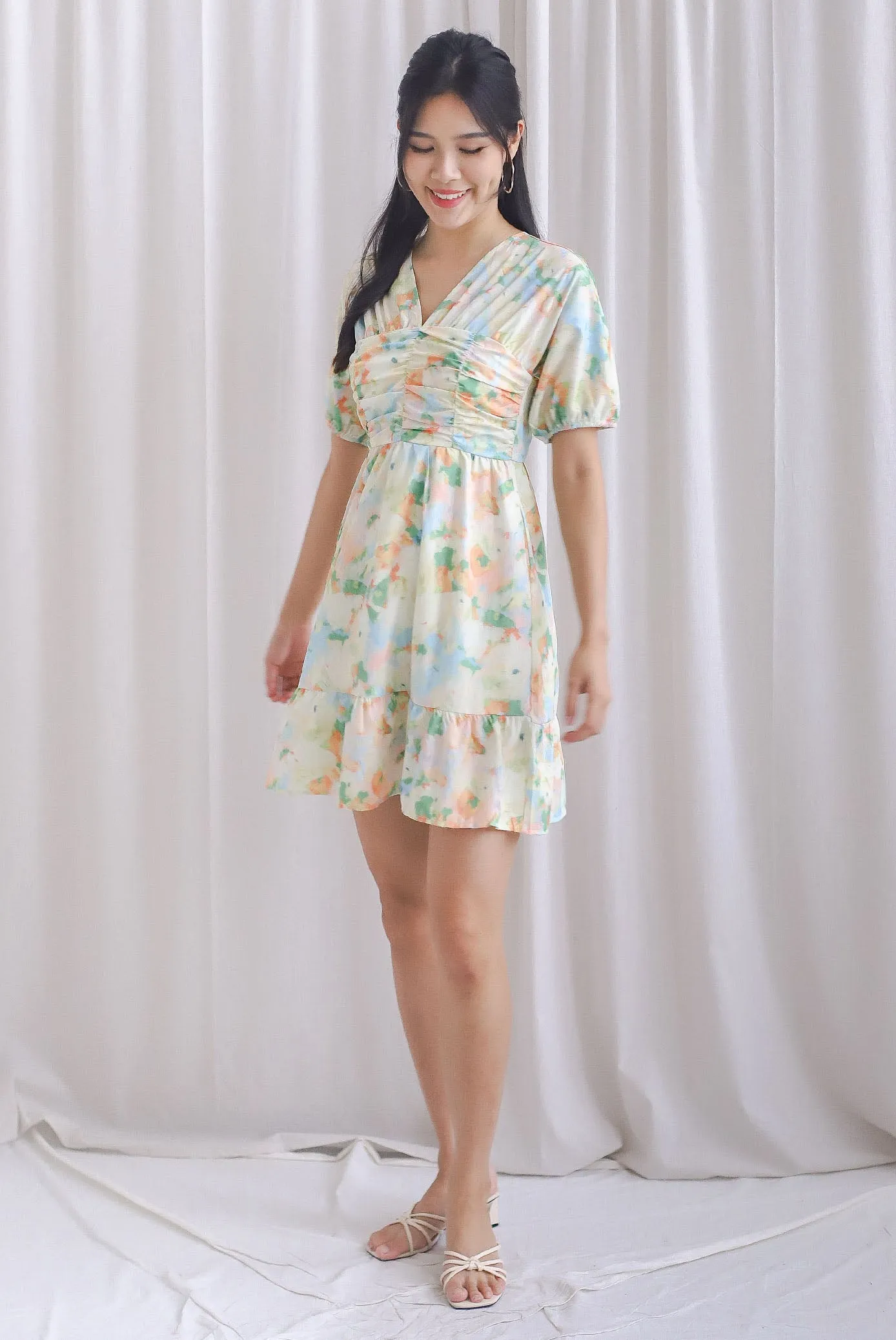 Willa Puffy Sleeve Ruched Romper Dress In Watercolour