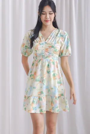 Willa Puffy Sleeve Ruched Romper Dress In Watercolour