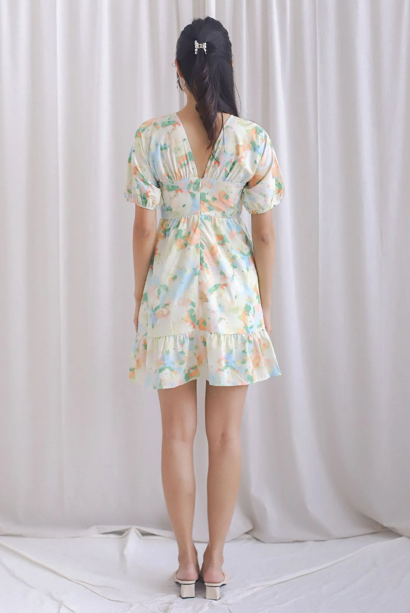 Willa Puffy Sleeve Ruched Romper Dress In Watercolour