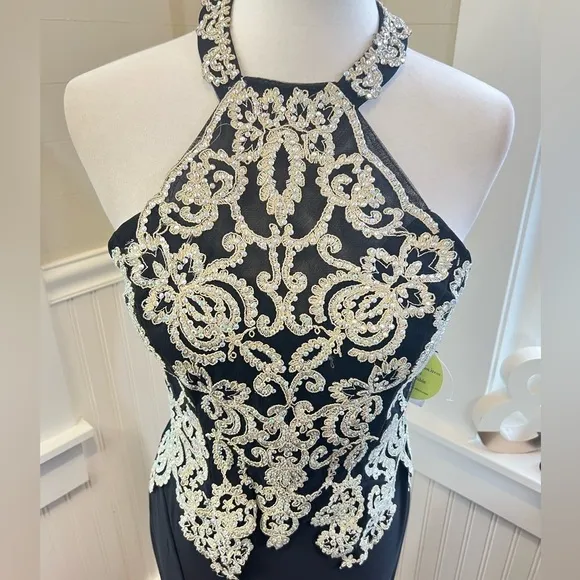 Windsor Black Embellished Halter Evening Gown, Size 7 NWT