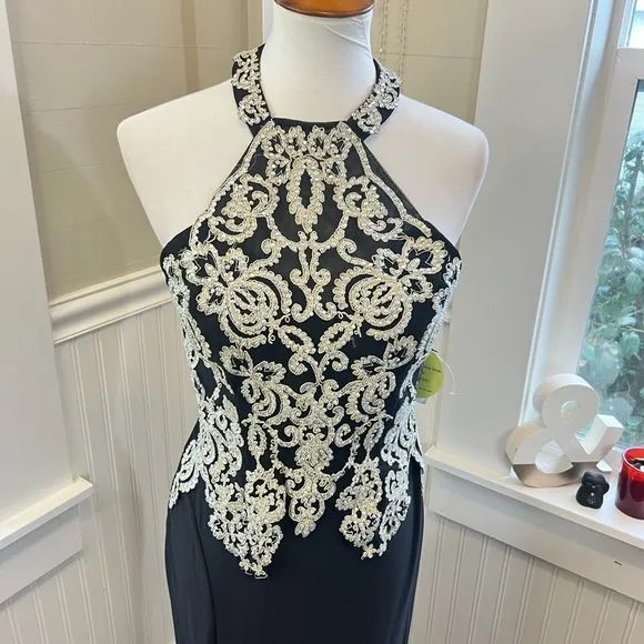 Windsor Black Embellished Halter Evening Gown, Size 7 NWT