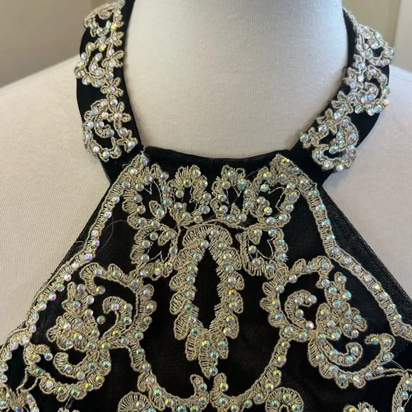 Windsor Black Embellished Halter Evening Gown, Size 7 NWT