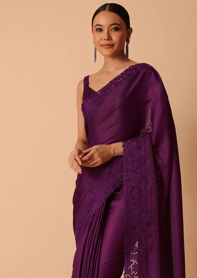 Wine Organza Saree With Lace Border