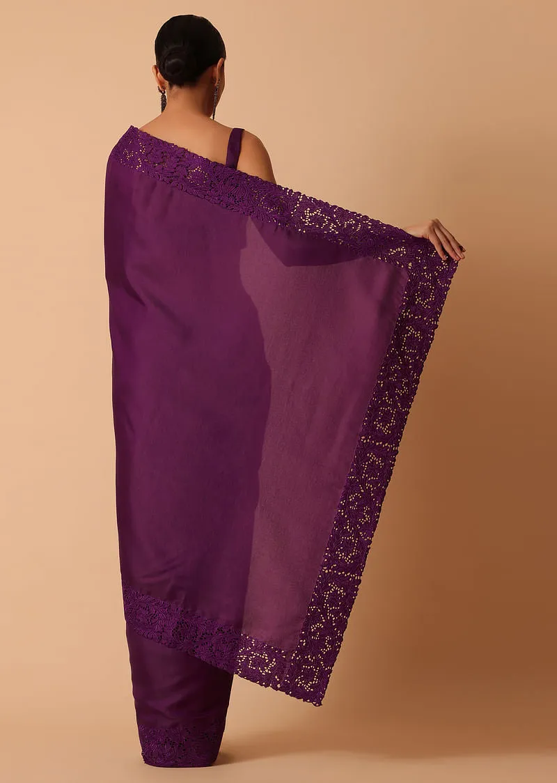 Wine Organza Saree With Lace Border