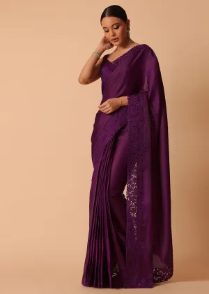 Wine Organza Saree With Lace Border