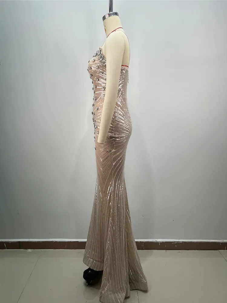 Women Celebrity Sexy Strapless Sequins Diamonds Crystal Beading Maxi Long Gowns Dress Elegant Evening Party Club Vestido