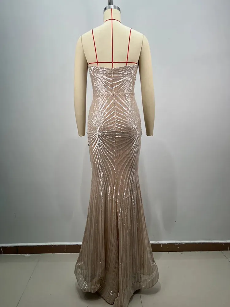 Women Celebrity Sexy Strapless Sequins Diamonds Crystal Beading Maxi Long Gowns Dress Elegant Evening Party Club Vestido