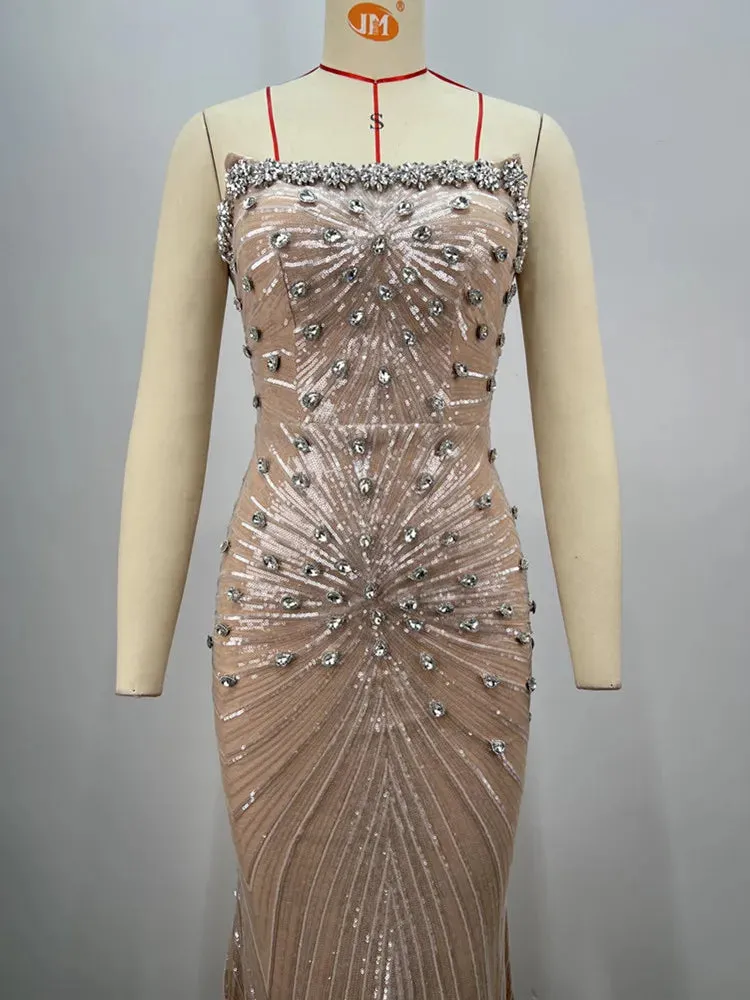 Women Celebrity Sexy Strapless Sequins Diamonds Crystal Beading Maxi Long Gowns Dress Elegant Evening Party Club Vestido