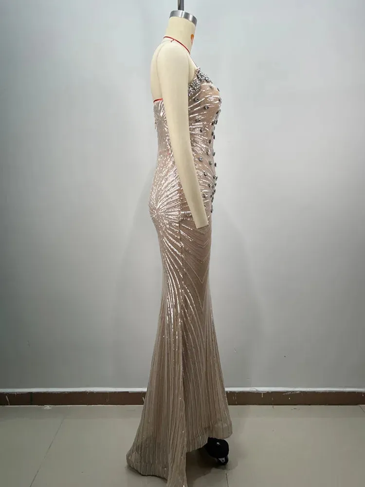 Women Celebrity Sexy Strapless Sequins Diamonds Crystal Beading Maxi Long Gowns Dress Elegant Evening Party Club Vestido