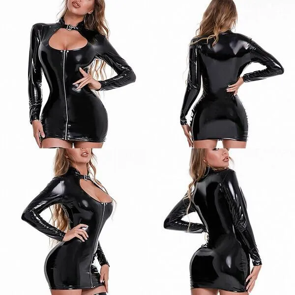 Women Fashion PU Leather Latex Long Sleeve Bodycon Dresses Zipper Nightclub Robe Package Hip Tights Dress Plus Size