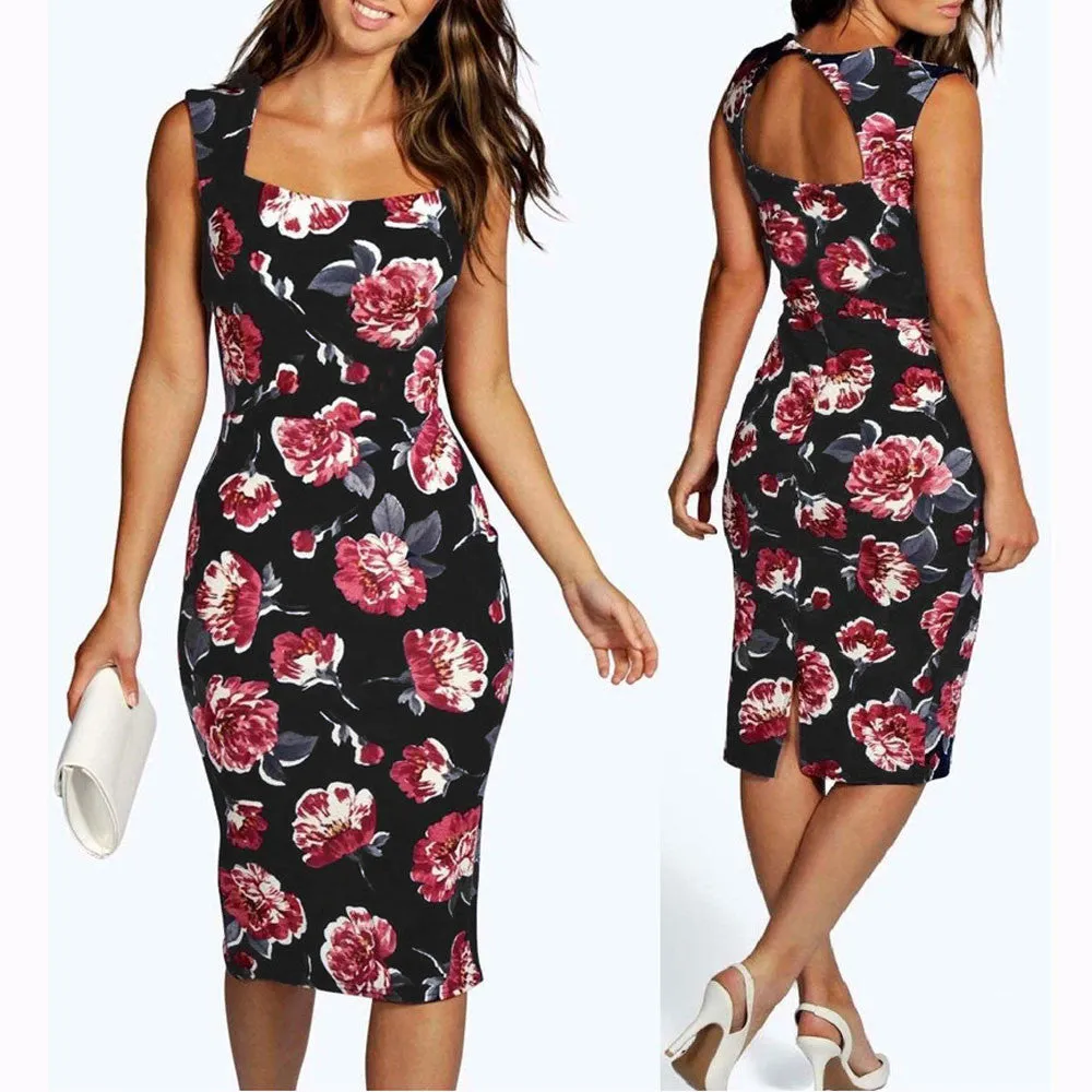 Women Vintage Floral Print Cocktail Party Bodycon Pencil Dress