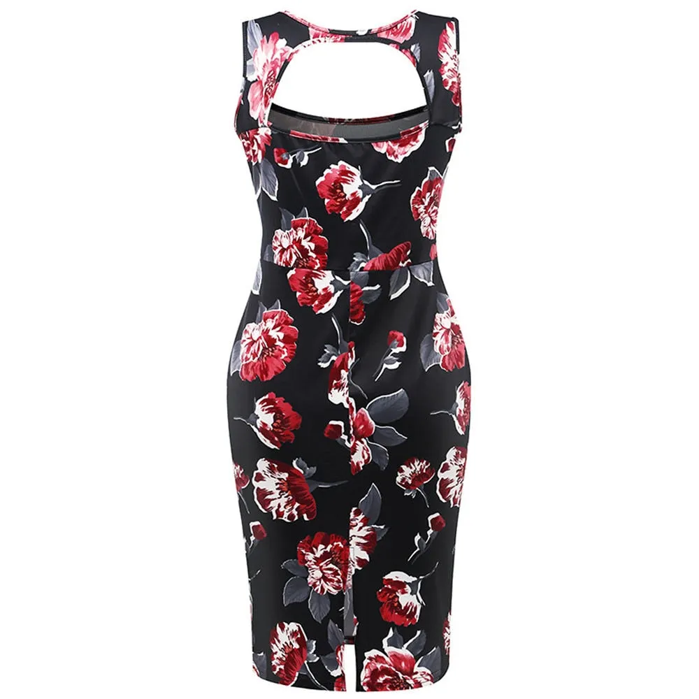 Women Vintage Floral Print Cocktail Party Bodycon Pencil Dress