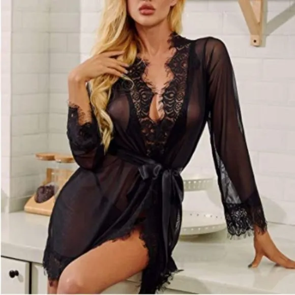 Women Lace Kimono Robe Sexy Babydoll Lingerie Mesh