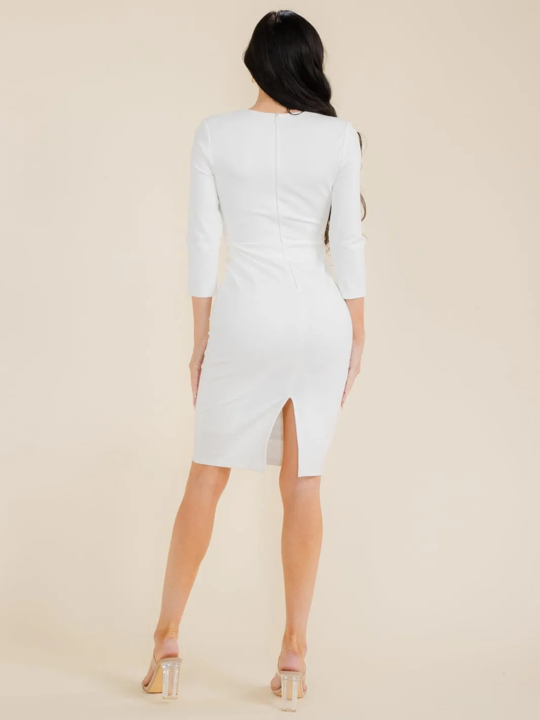 WOMEN'S 3/4 SLEEVES V-NECK BODYCON MIDI DRESS