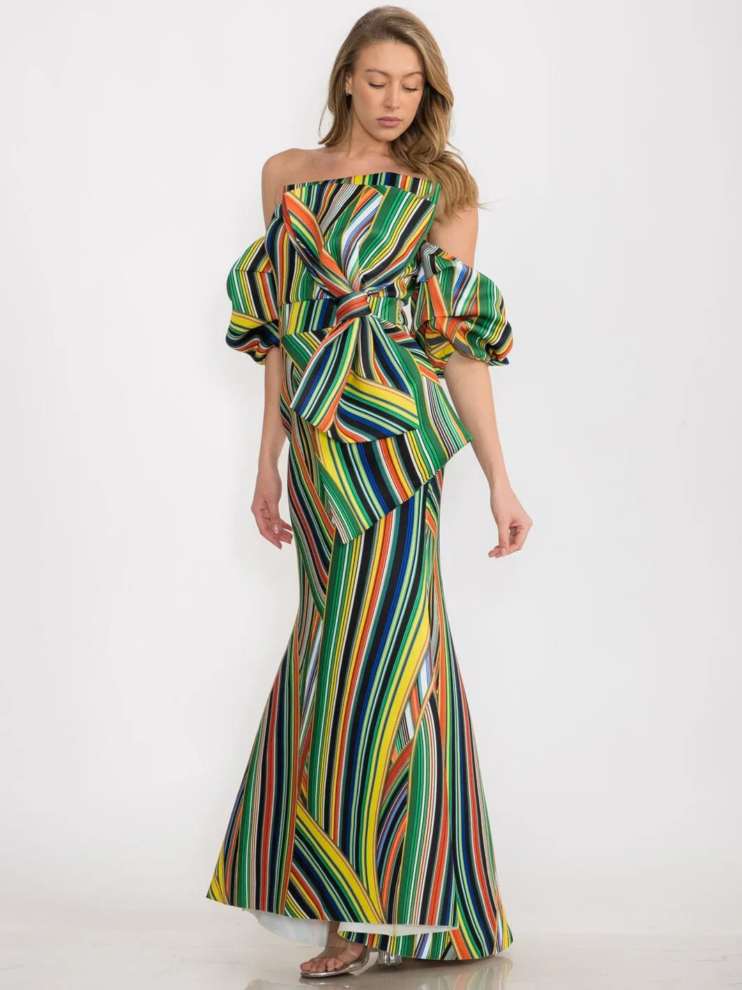 WOMEN'S COLD SHOULDER FRONT DETAILED MULTI COLORS MAXI GOWN DRESS