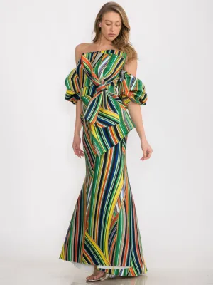 WOMEN'S COLD SHOULDER FRONT DETAILED MULTI COLORS MAXI GOWN DRESS