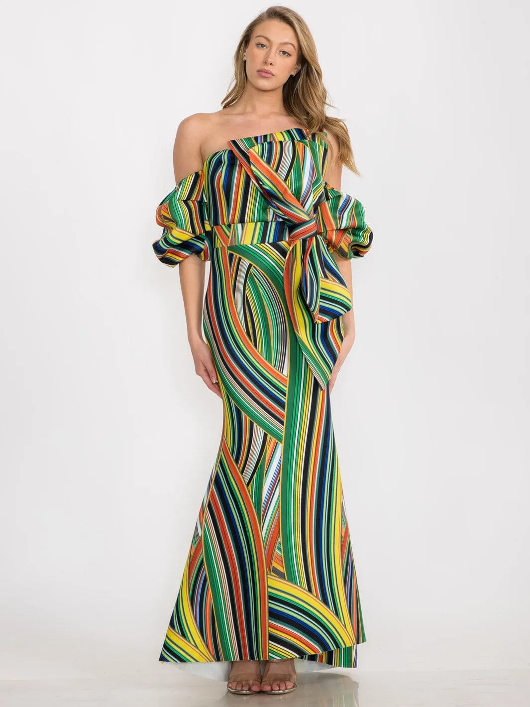 WOMEN'S COLD SHOULDER FRONT DETAILED MULTI COLORS MAXI GOWN DRESS
