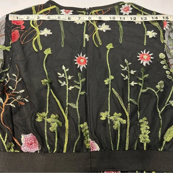 Womens Floral Embroidered Cocktail Dress Size M Sheer Zip Fairy Grunge Black