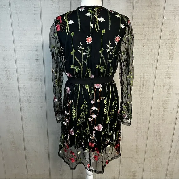 Womens Floral Embroidered Cocktail Dress Size M Sheer Zip Fairy Grunge Black