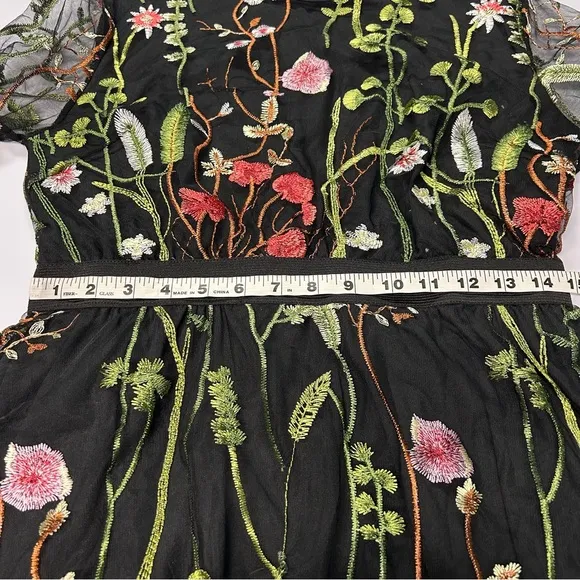 Womens Floral Embroidered Cocktail Dress Size M Sheer Zip Fairy Grunge Black