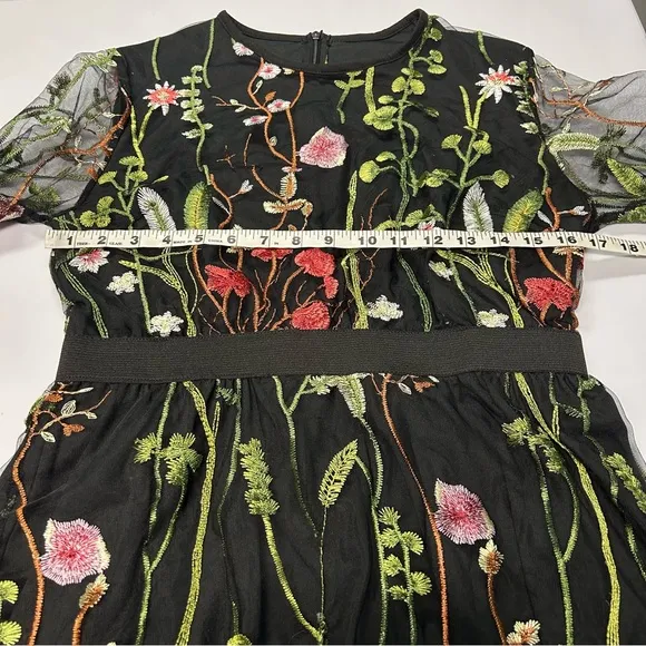 Womens Floral Embroidered Cocktail Dress Size M Sheer Zip Fairy Grunge Black