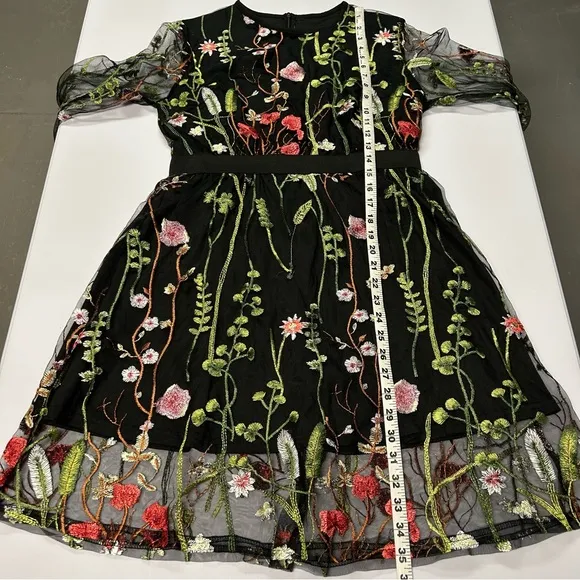 Womens Floral Embroidered Cocktail Dress Size M Sheer Zip Fairy Grunge Black