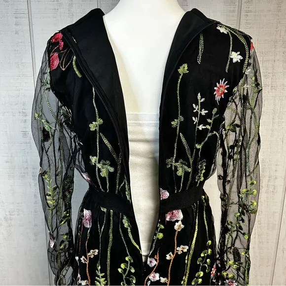 Womens Floral Embroidered Cocktail Dress Size M Sheer Zip Fairy Grunge Black