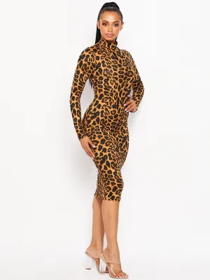 WOMEN'S LONG SLEEVE MOCK NECK BODYCON ANIMAL PRINT MIDI DRESS