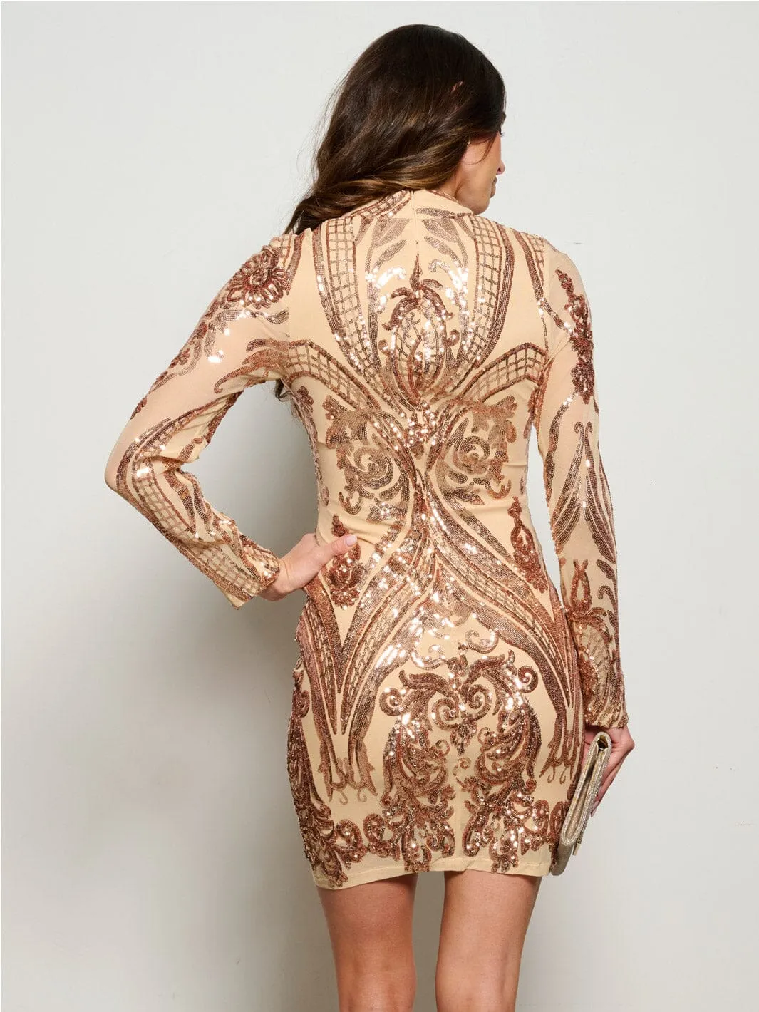 WOMEN'S LONG SLEEVE MOCK NECK BODYCON SEQUINS MINI DRESS