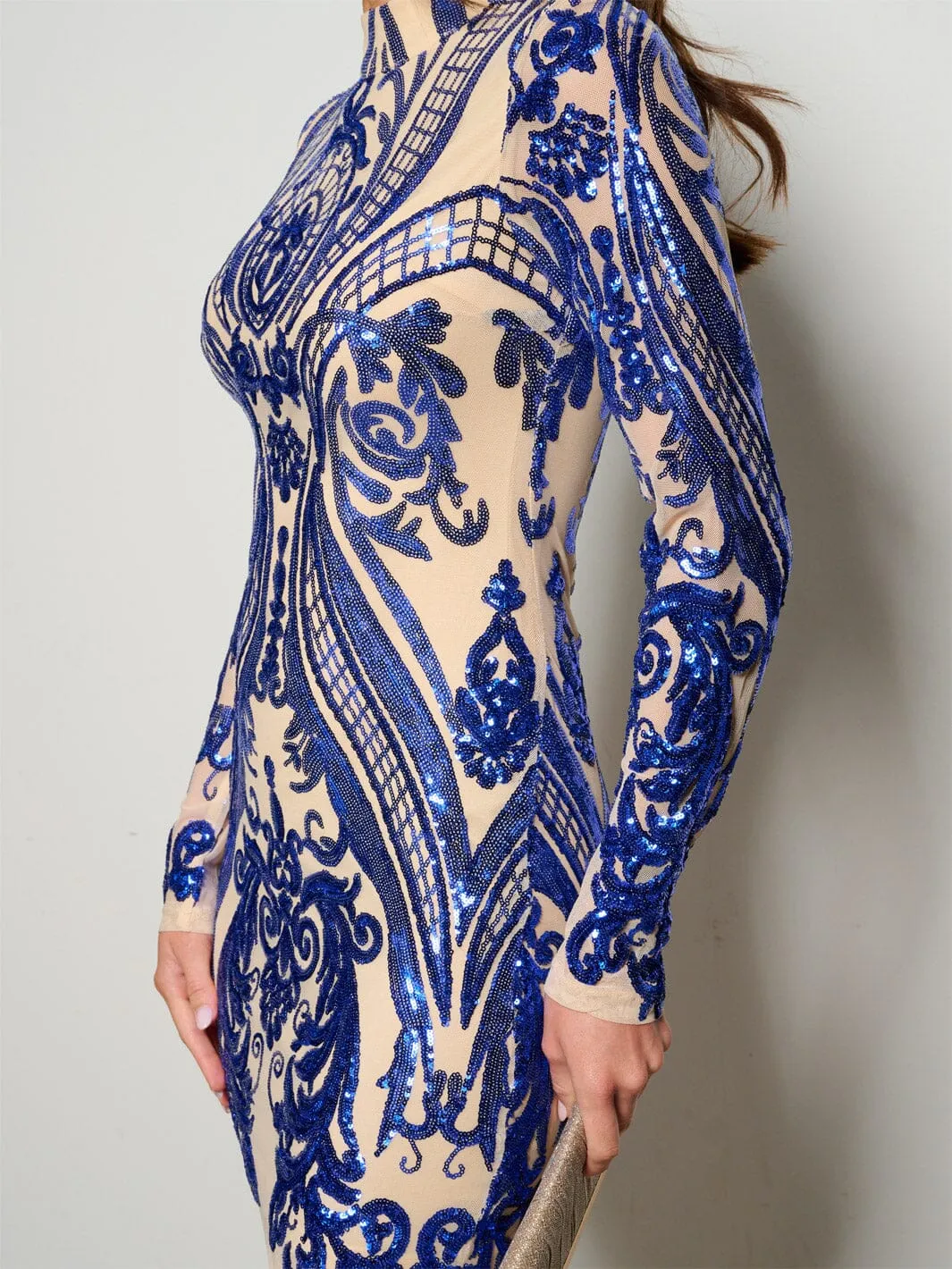 WOMEN'S LONG SLEEVE MOCK NECK BODYCON SEQUINS MINI DRESS