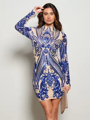 WOMEN'S LONG SLEEVE MOCK NECK BODYCON SEQUINS MINI DRESS