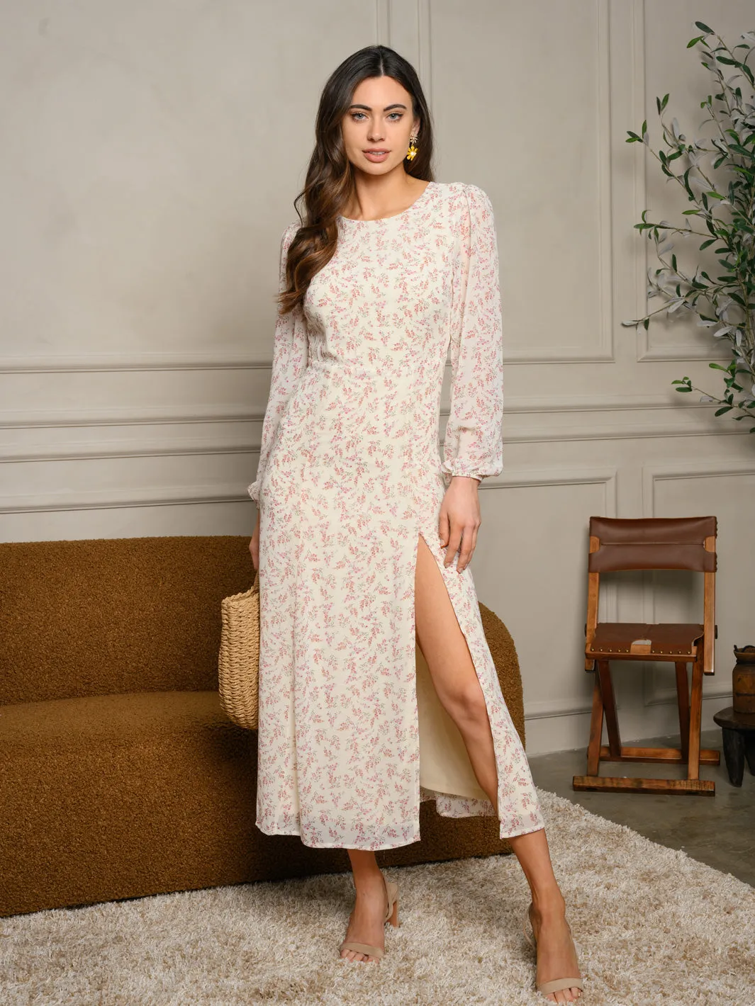 WOMEN'S LONG SLEEVE OPEN BACK FLORAL MAXI DRESS