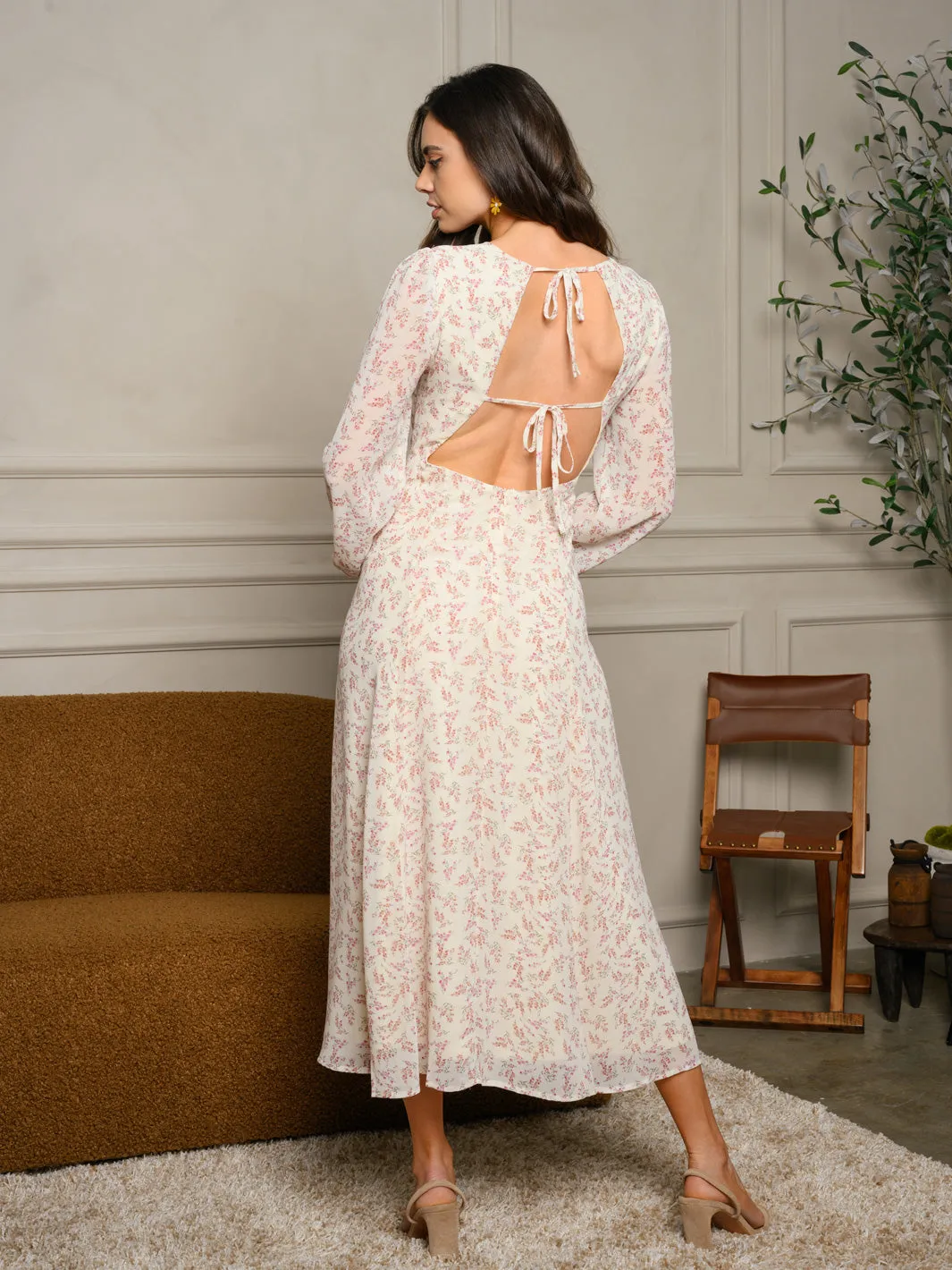 WOMEN'S LONG SLEEVE OPEN BACK FLORAL MAXI DRESS