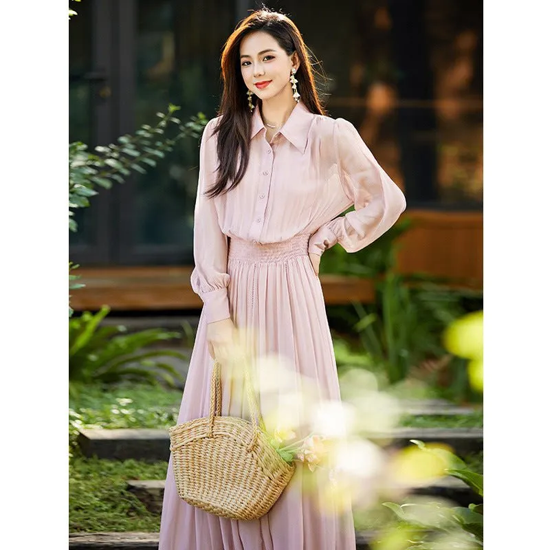 Womens Long Sleeve Pink Silk Maxi Dress Lapel Neck Silk Dresses