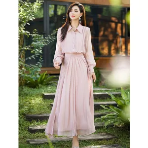 Womens Long Sleeve Pink Silk Maxi Dress Lapel Neck Silk Dresses
