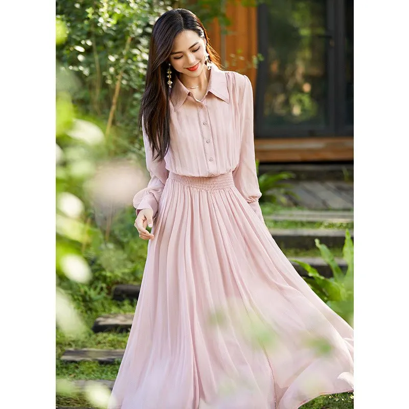 Womens Long Sleeve Pink Silk Maxi Dress Lapel Neck Silk Dresses