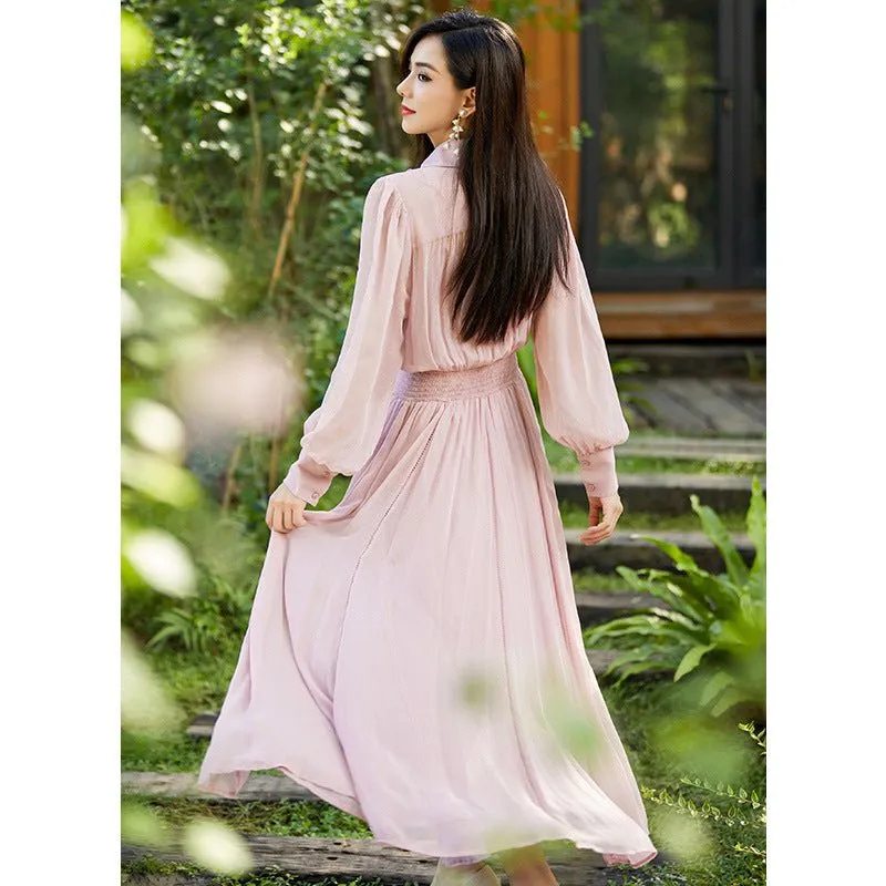 Womens Long Sleeve Pink Silk Maxi Dress Lapel Neck Silk Dresses