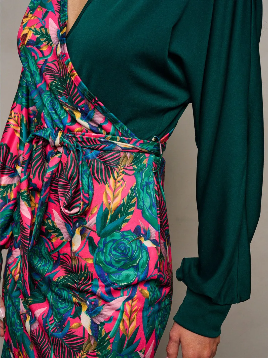 WOMEN'S LONG SLEEVE SURPLICE FLORAL CONTRAST MINI DRESS